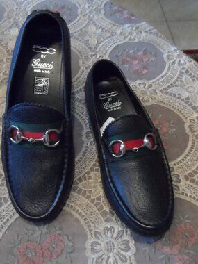 New Gucci 500 Black Pebbled Leather Horsebit Driving Loafers Size 38 B